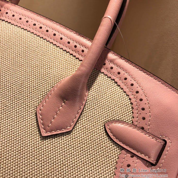 HERMES愛馬仕 鉑金包 Birkin Ghillies 30Cm Swif拼Tc 3Q Rose Sakura 芭比粉 銀扣 頂級工藝 手縫蠟線 時尚手提包  Ama1599